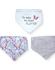 Three dog bandanas with butterfly and polka dot patterns on a white background