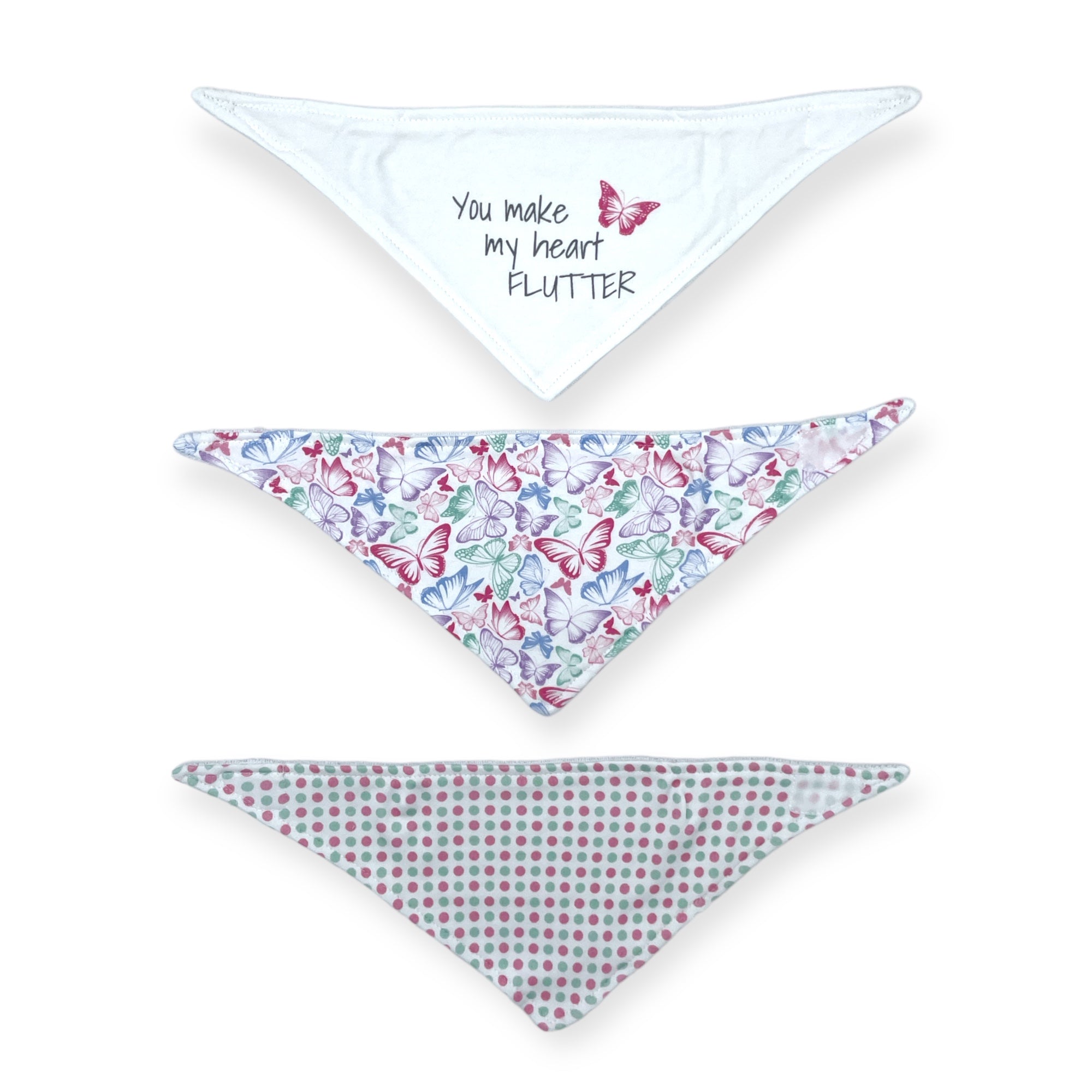 Three triangular bandanas with different patterns on a white background