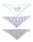 Three triangular bandanas with different patterns on a white background