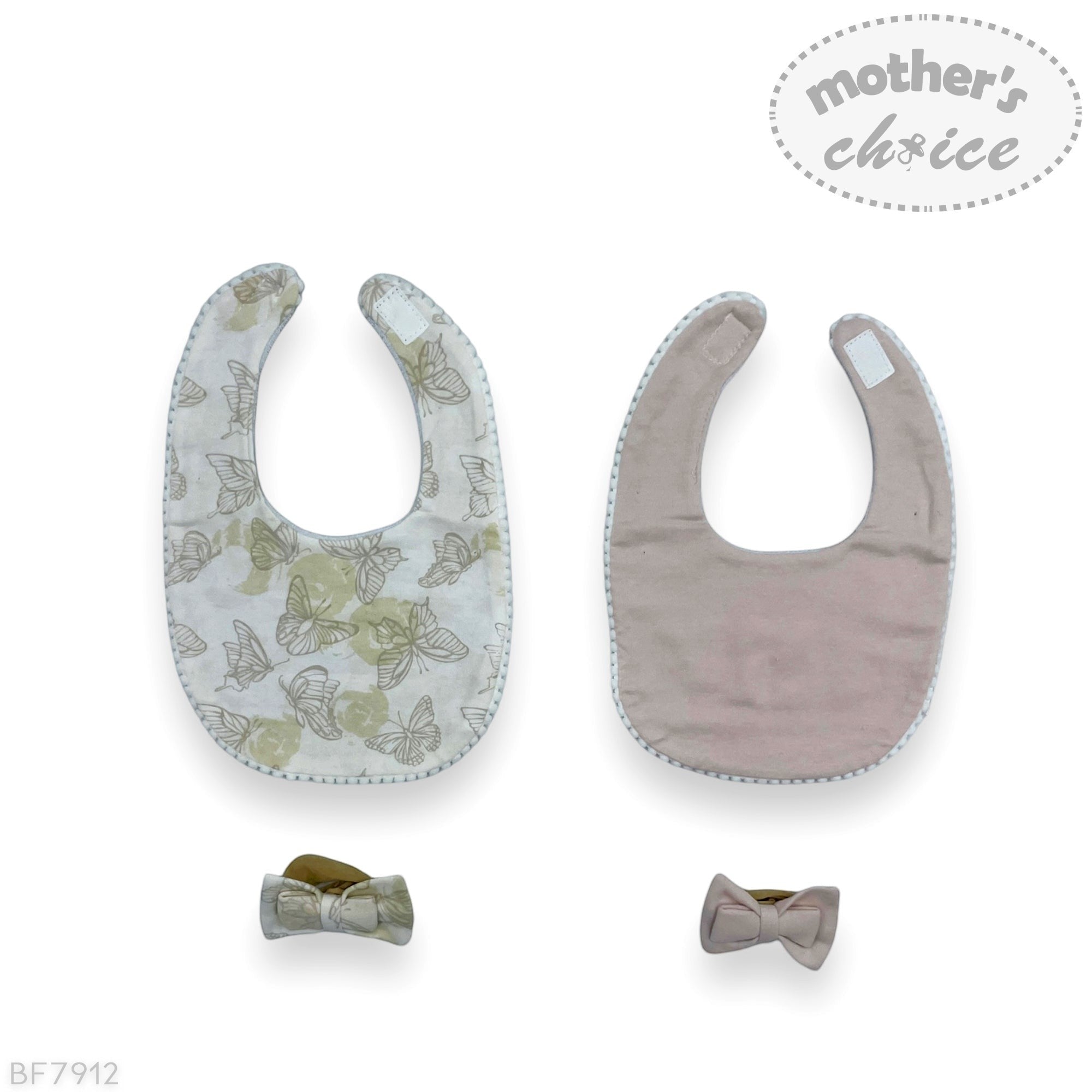 Two baby bibs with floral and solid designs, accompanied by two bow ties, on a white background with 'mother's choice' branding.
