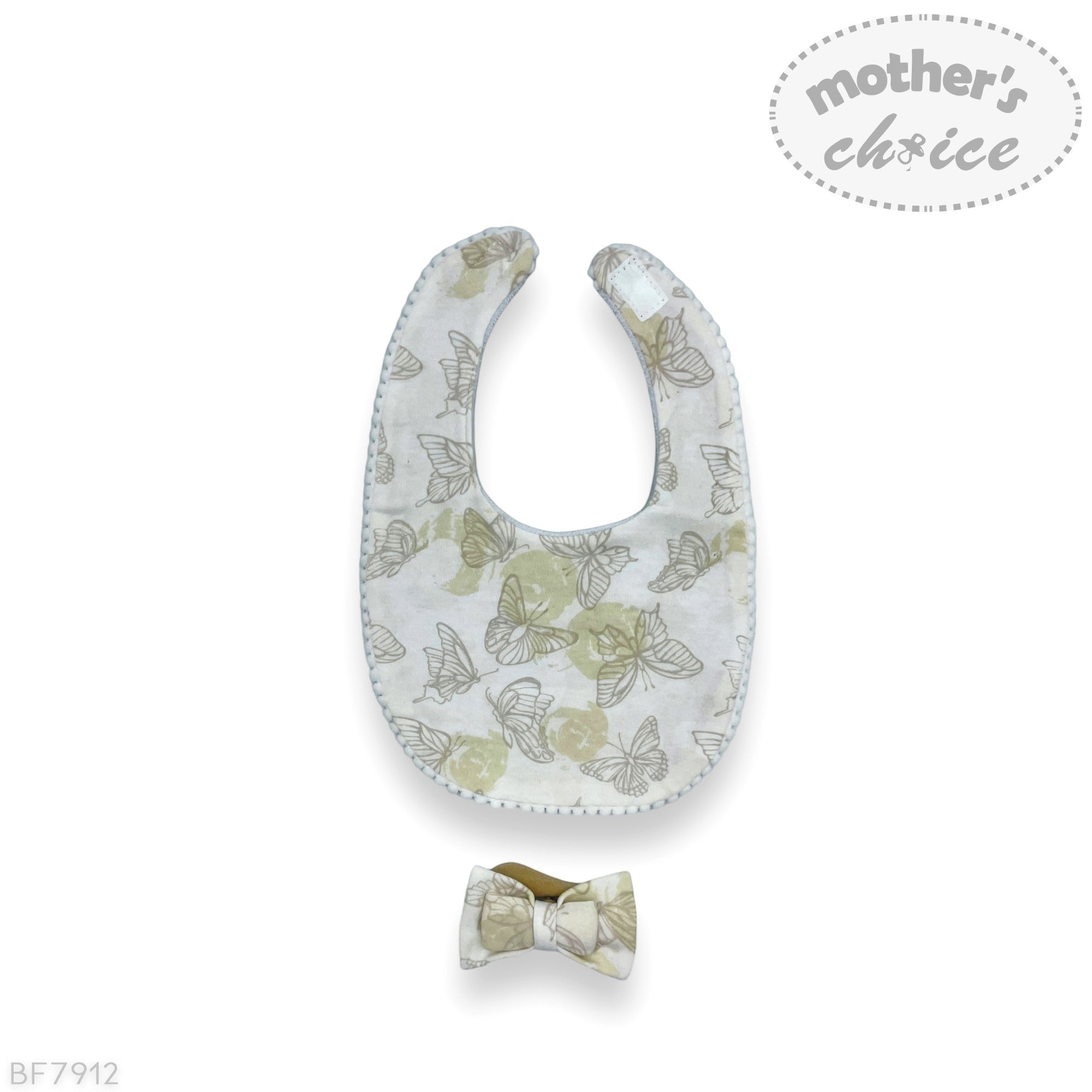 Baby bib with floral pattern and matching bow tie on a white background, featuring 'mother's choice' branding.