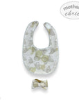 Baby bib with floral pattern and matching bow tie on a white background, featuring 'mother's choice' branding.