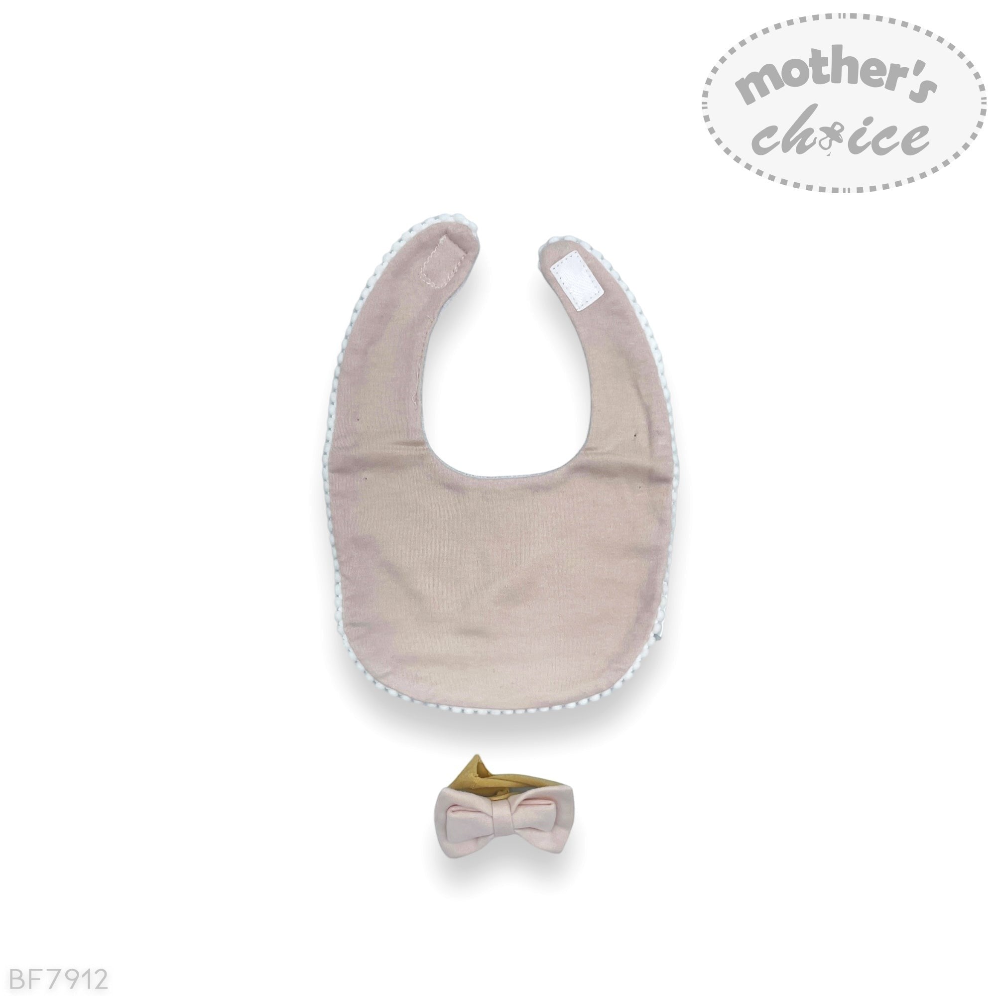 Beige baby bib with a small bow on a white background, featuring 'mother's choice' branding.