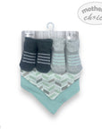 Set of baby socks and bib on a 'Mother's Choice' branded package with a white background.