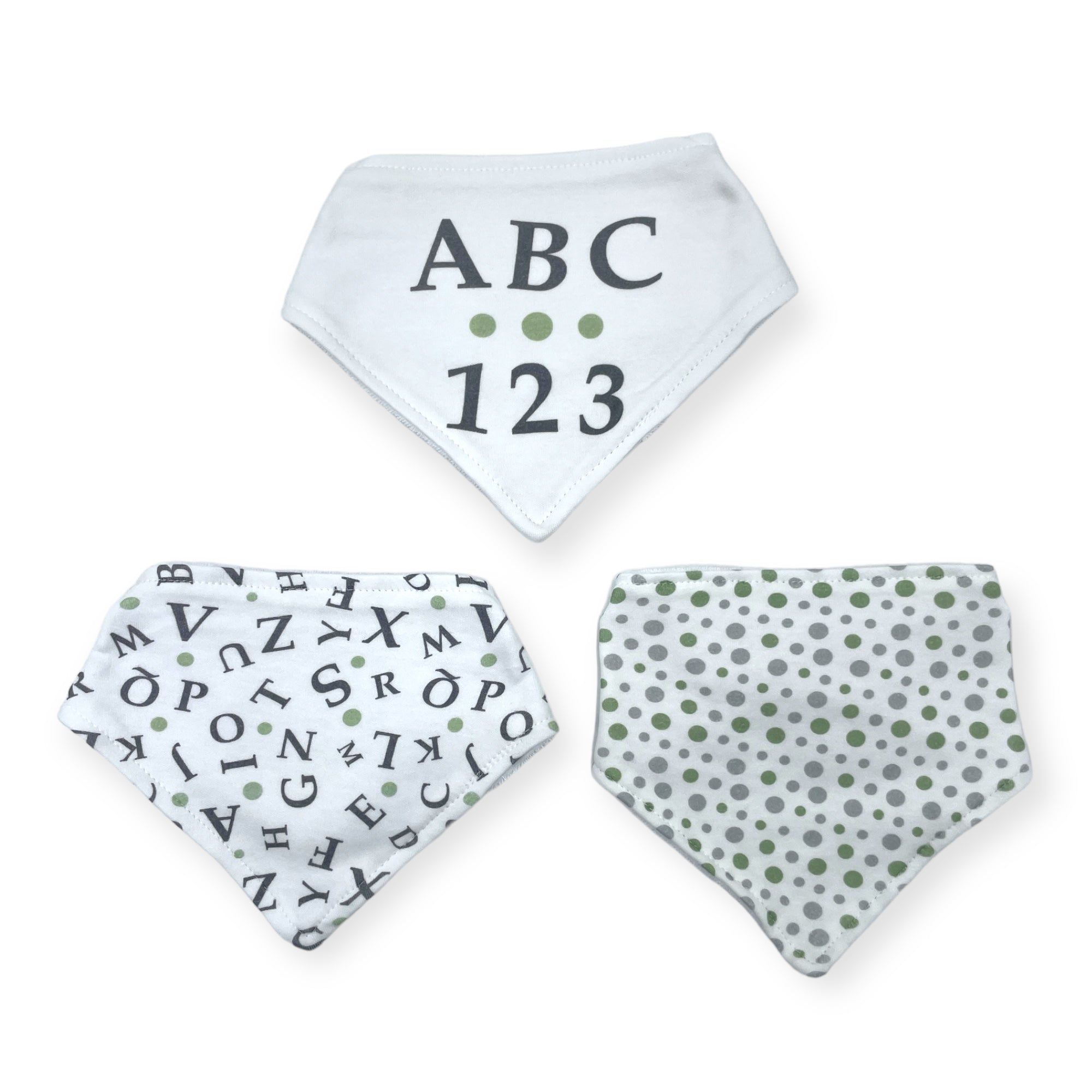 Three baby bibs with ABC, 123, and alphabet patterns on a white background