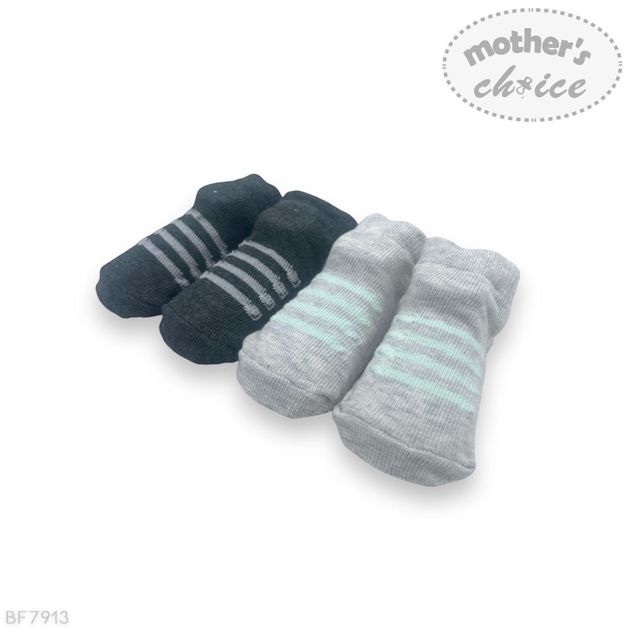 Set of baby socks with striped pattern on a white background, branded 'Mother's Choice'.