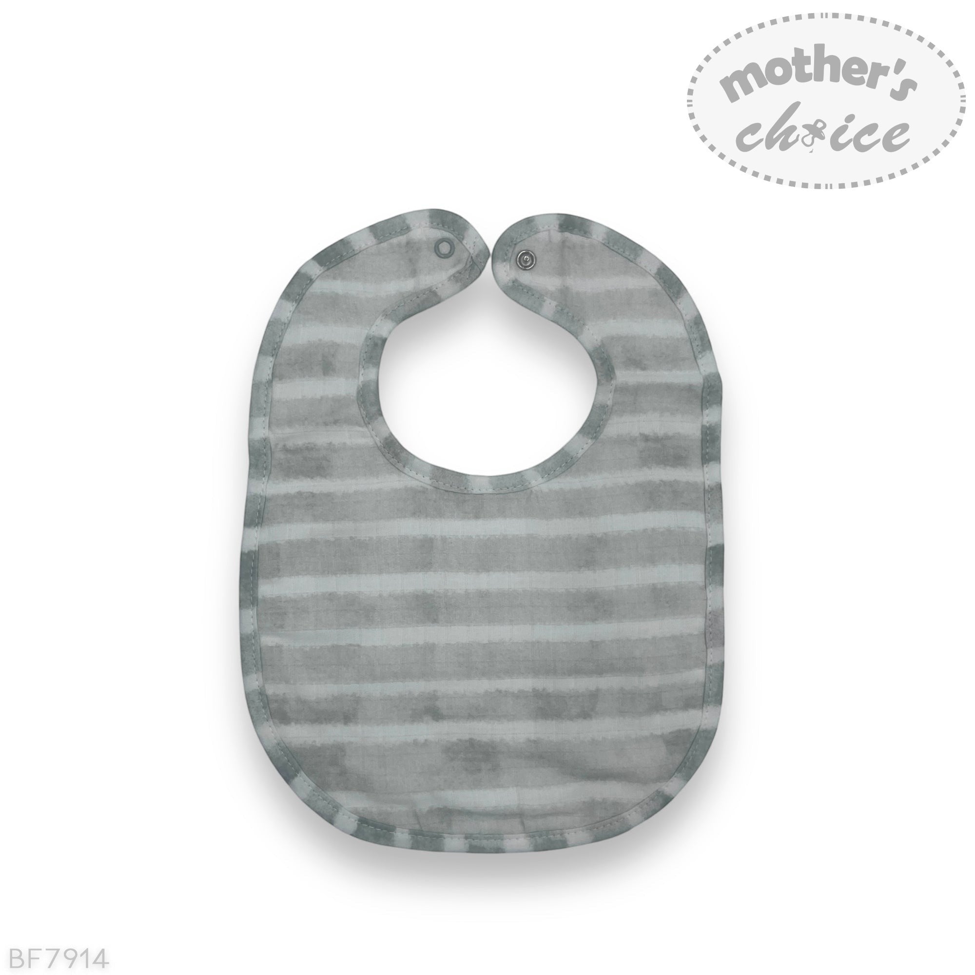 Gray striped baby bib on a white background with 'mother's choice' branding.