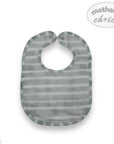 Gray striped baby bib on a white background with 'mother's choice' branding.