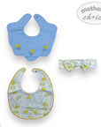 Baby bib and headband set with floral design on a white background, featuring 'mother's choice' branding.