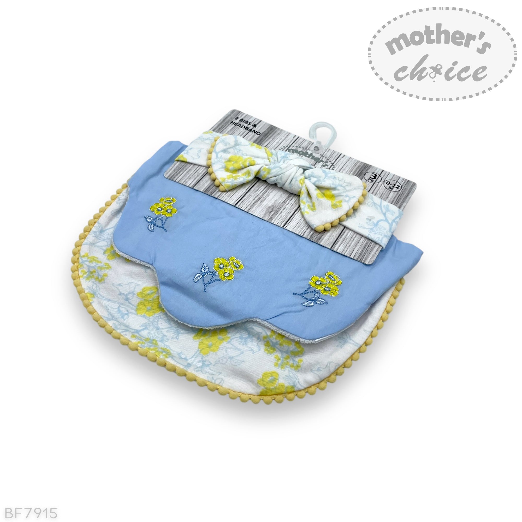 Baby bib and headband set with floral design on a white background, featuring 'mother's choice' branding.