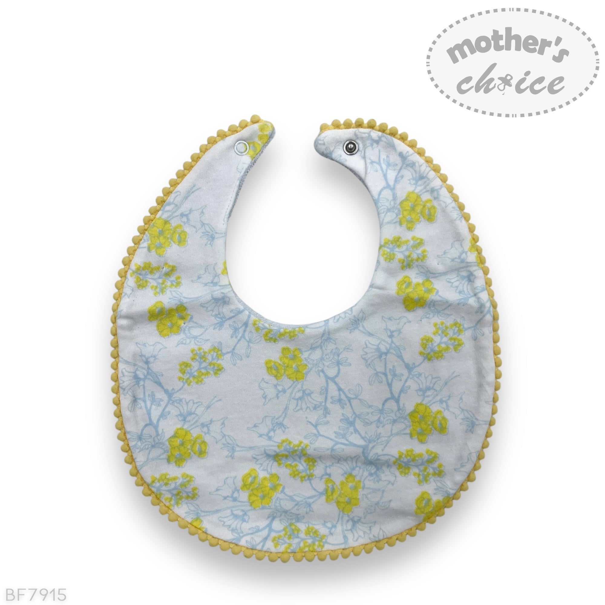 Baby bib with floral pattern and yellow trim on a white background, branded 'mother's choice'.