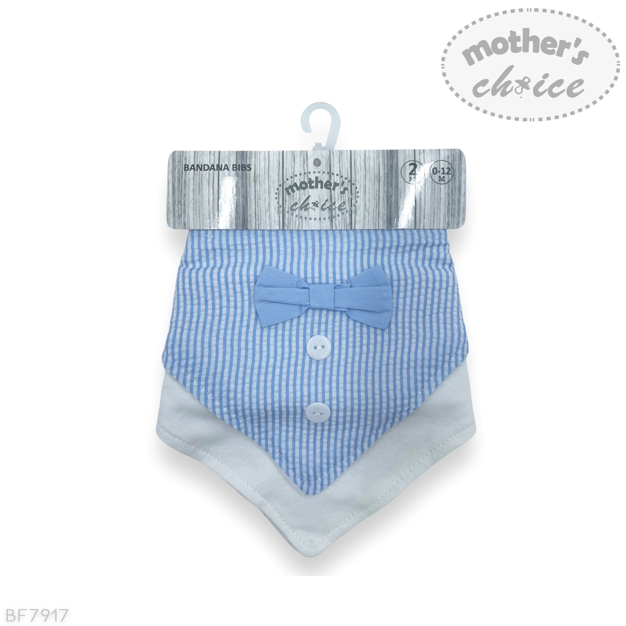 Baby bib with bow tie and button details on a hanger with 'Mother's Choice' branding.
