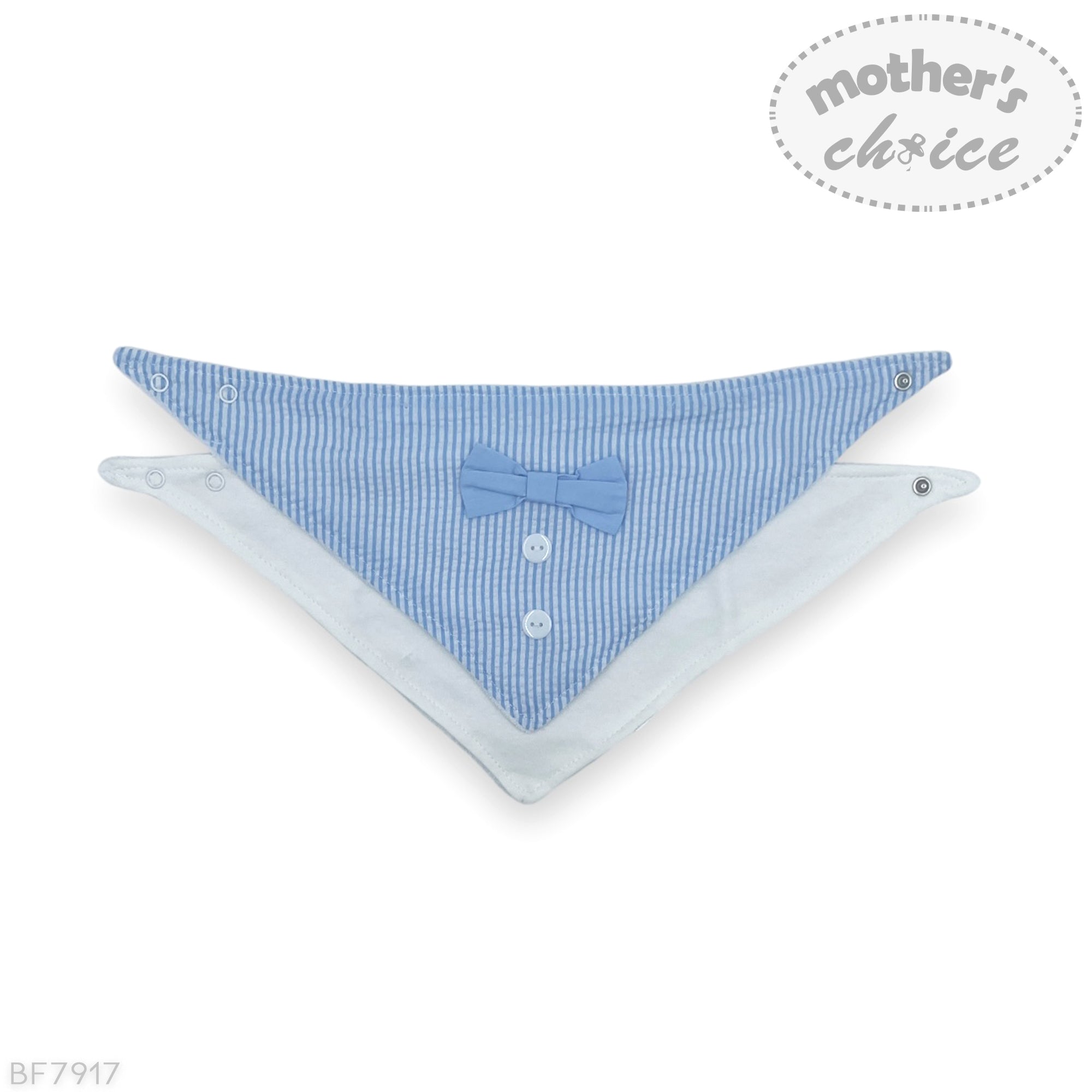 Blue and white checkered bandana with a bow tie on a white background, branded 'Mother's Choice'.