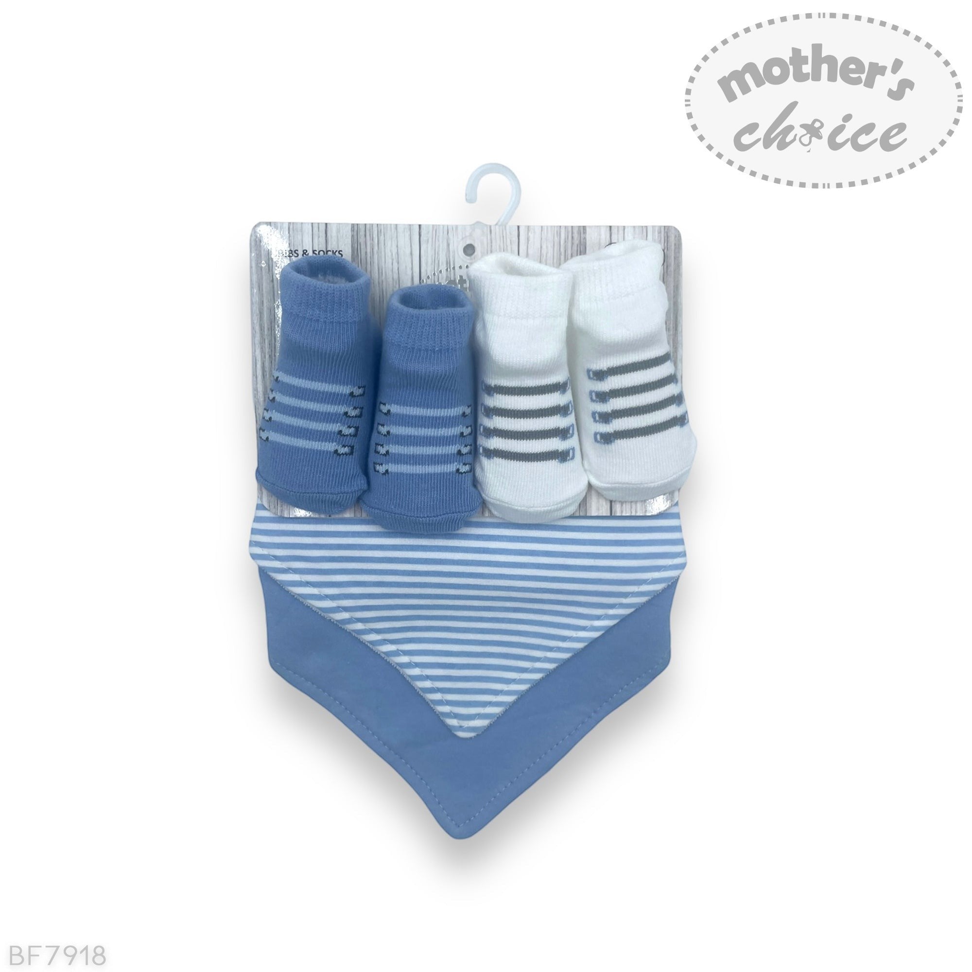 Baby socks and bib set with 'Mother's Choice' branding on a white background
