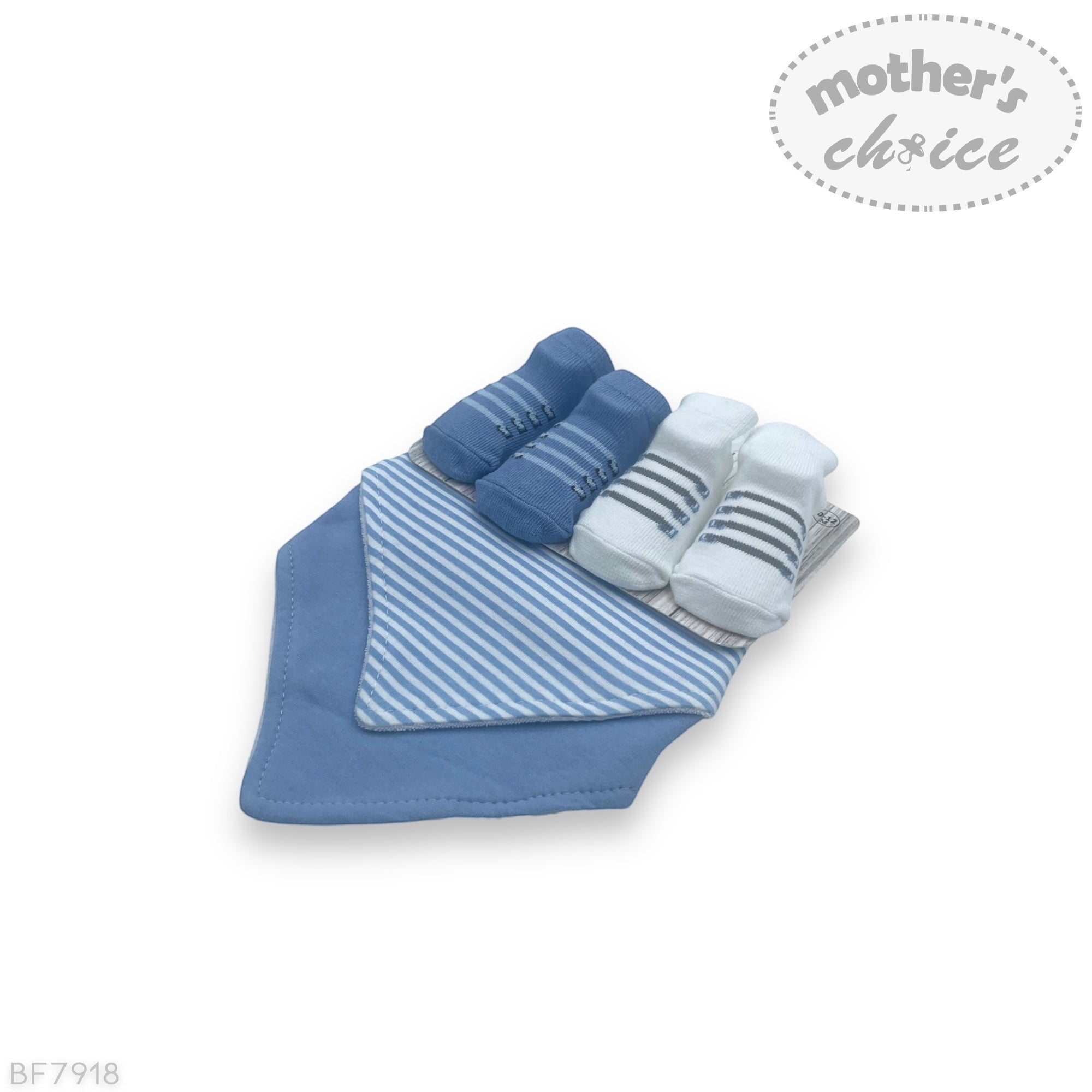 Baby blue and white striped socks with a matching bib on a white background, branded 'Mother's Choice'.
