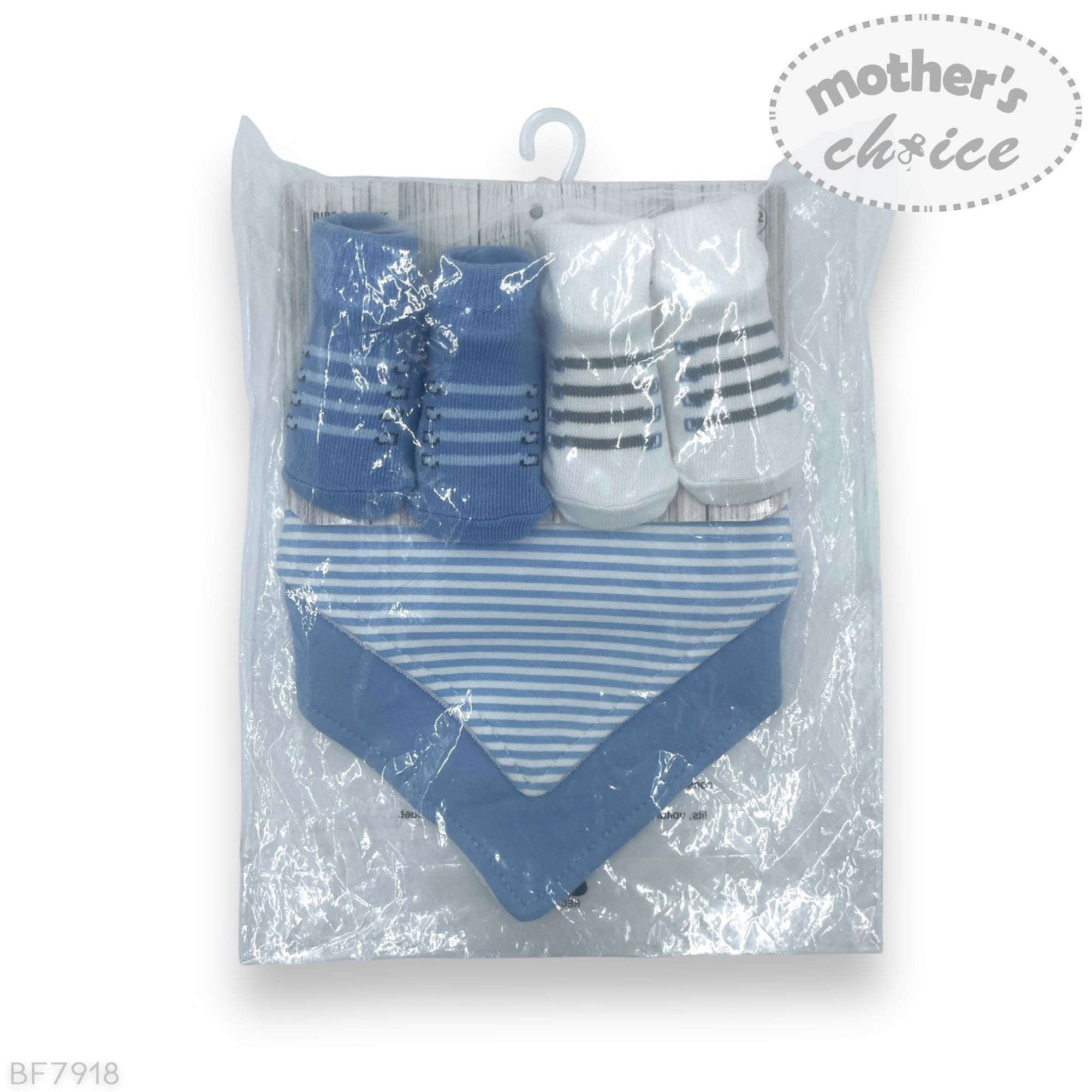 Baby clothing set with striped bib, shorts, and socks in clear packaging on a white background.
