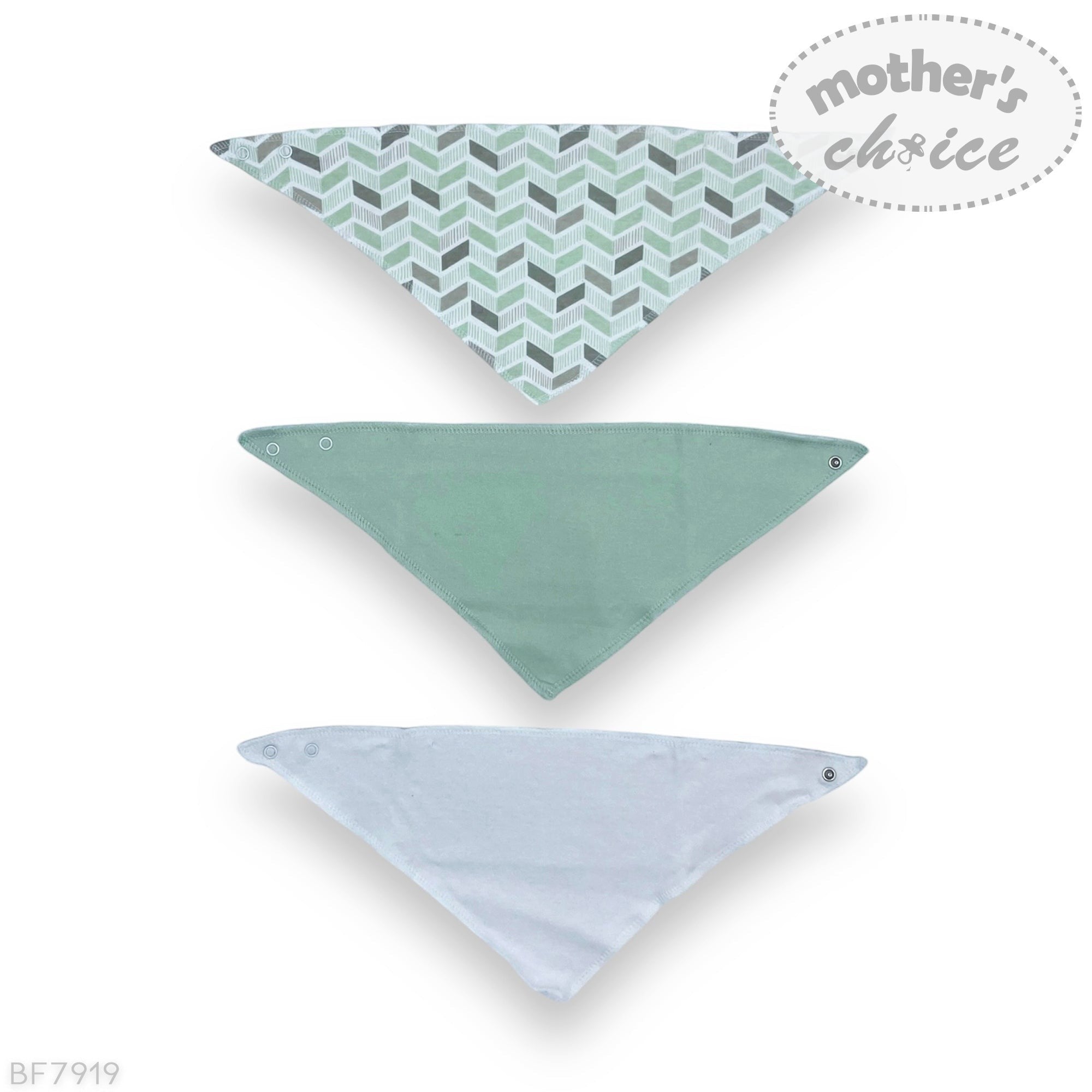 Three triangular bandana bibs in green, blue, and gray on a white background with 'mother's choice' branding.