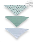 Three triangular bandana bibs in green, blue, and gray on a white background with 'mother's choice' branding.