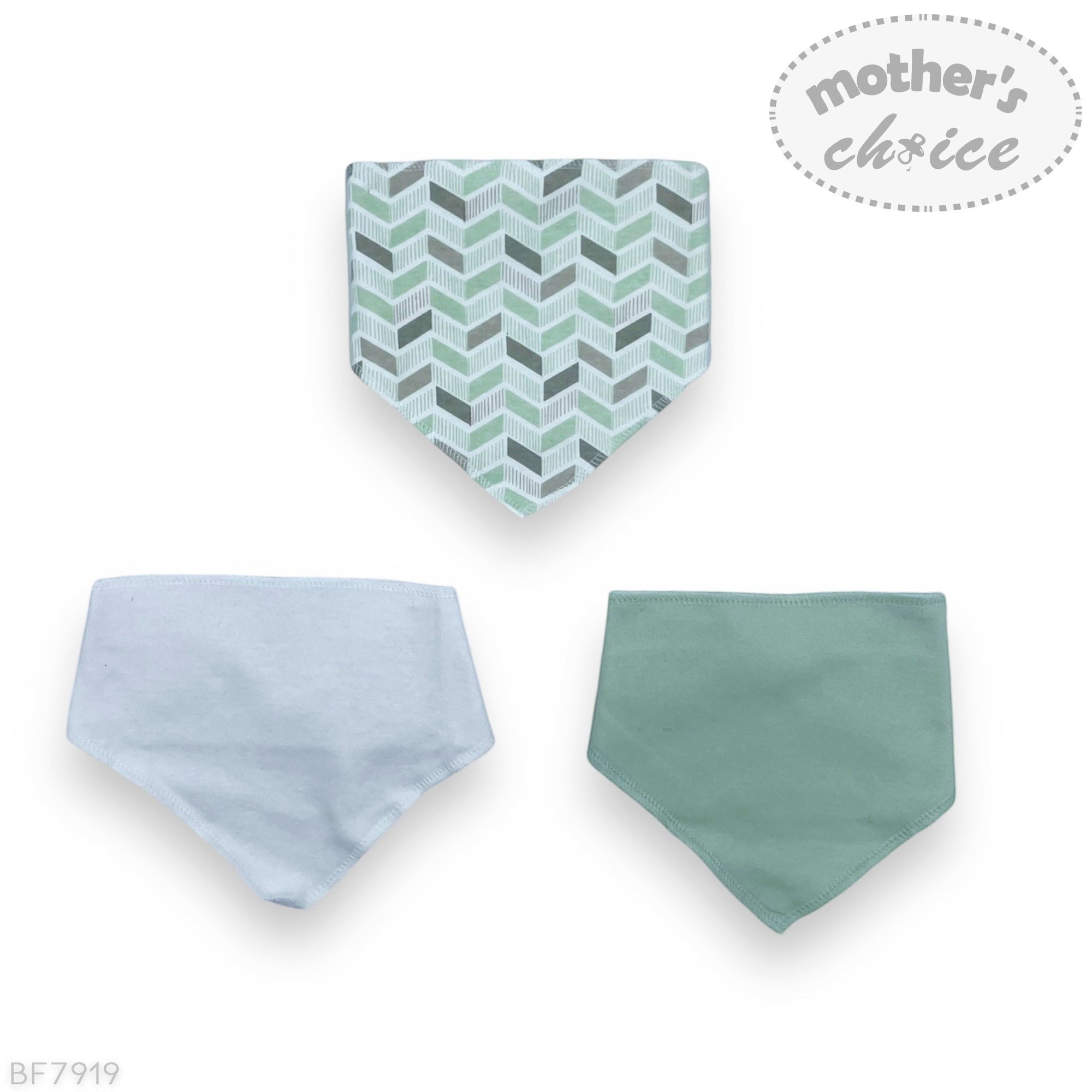 Three baby bibs with different patterns on a white background, featuring the brand 'Mother's Choice'.