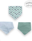Three baby bibs with different patterns on a white background, featuring the brand 'Mother's Choice'.