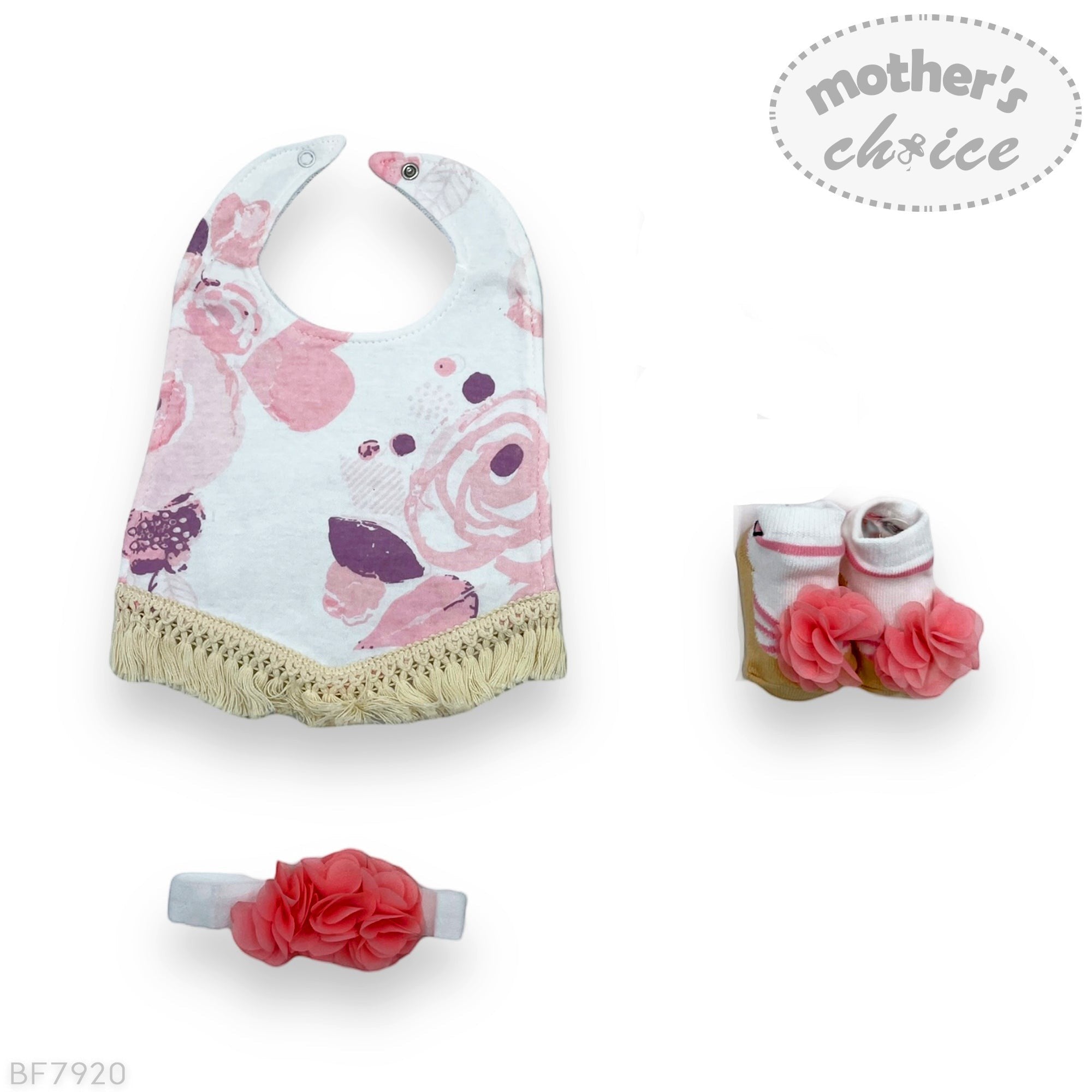 Baby hat, socks, and headband set with floral patterns on a white background