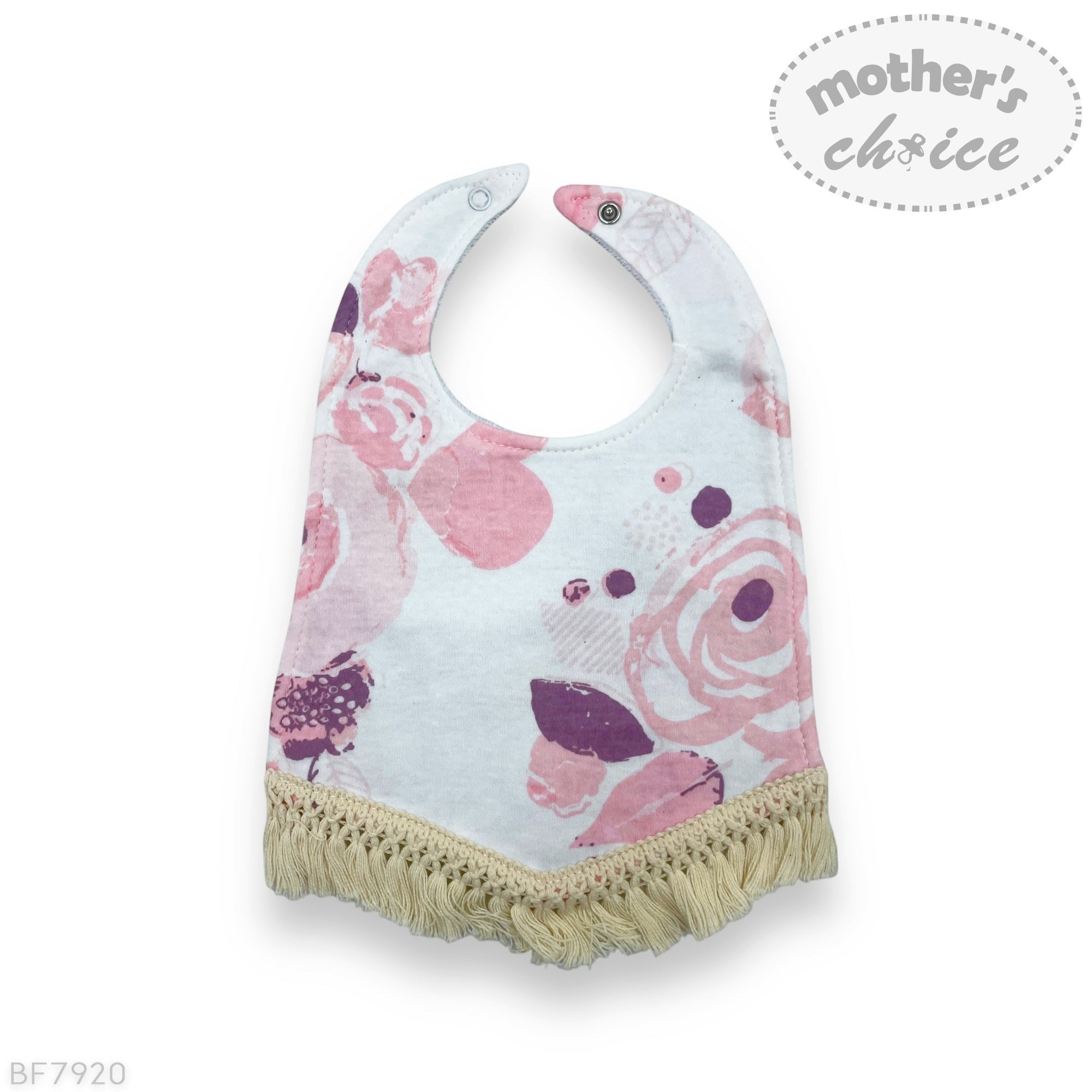 Floral patterned bib with fringes on a white background, branded 'Mother's Choice'.