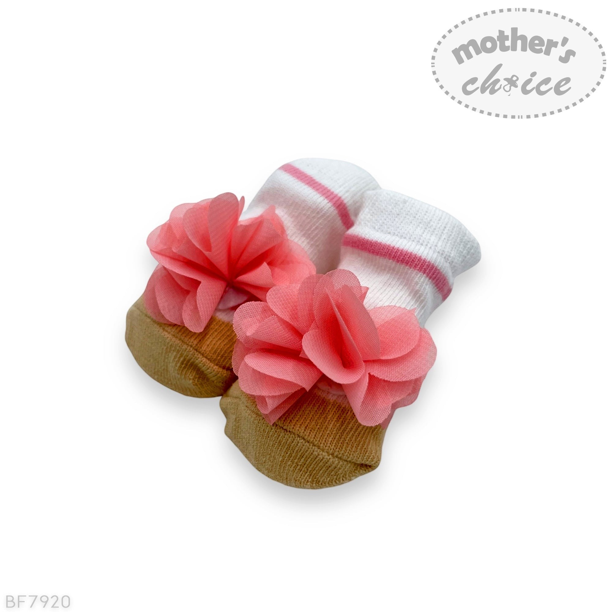 Baby booties with pink flowers on a white background, branded 'Mother's Choice'.