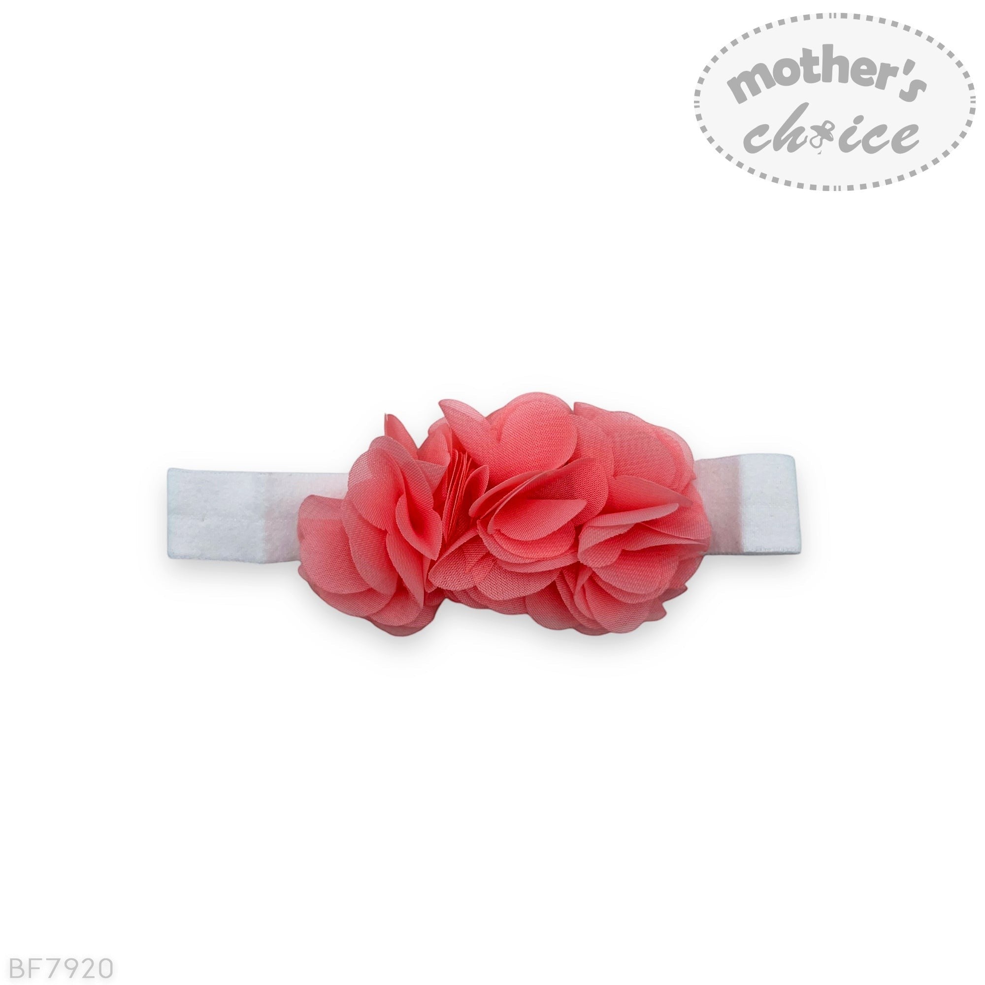 Floral headband with coral flowers on a white background, branded 'Mother's Choice'.