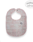 Baby bib with pink and white pattern on a white background, branded 'mother's choice'.