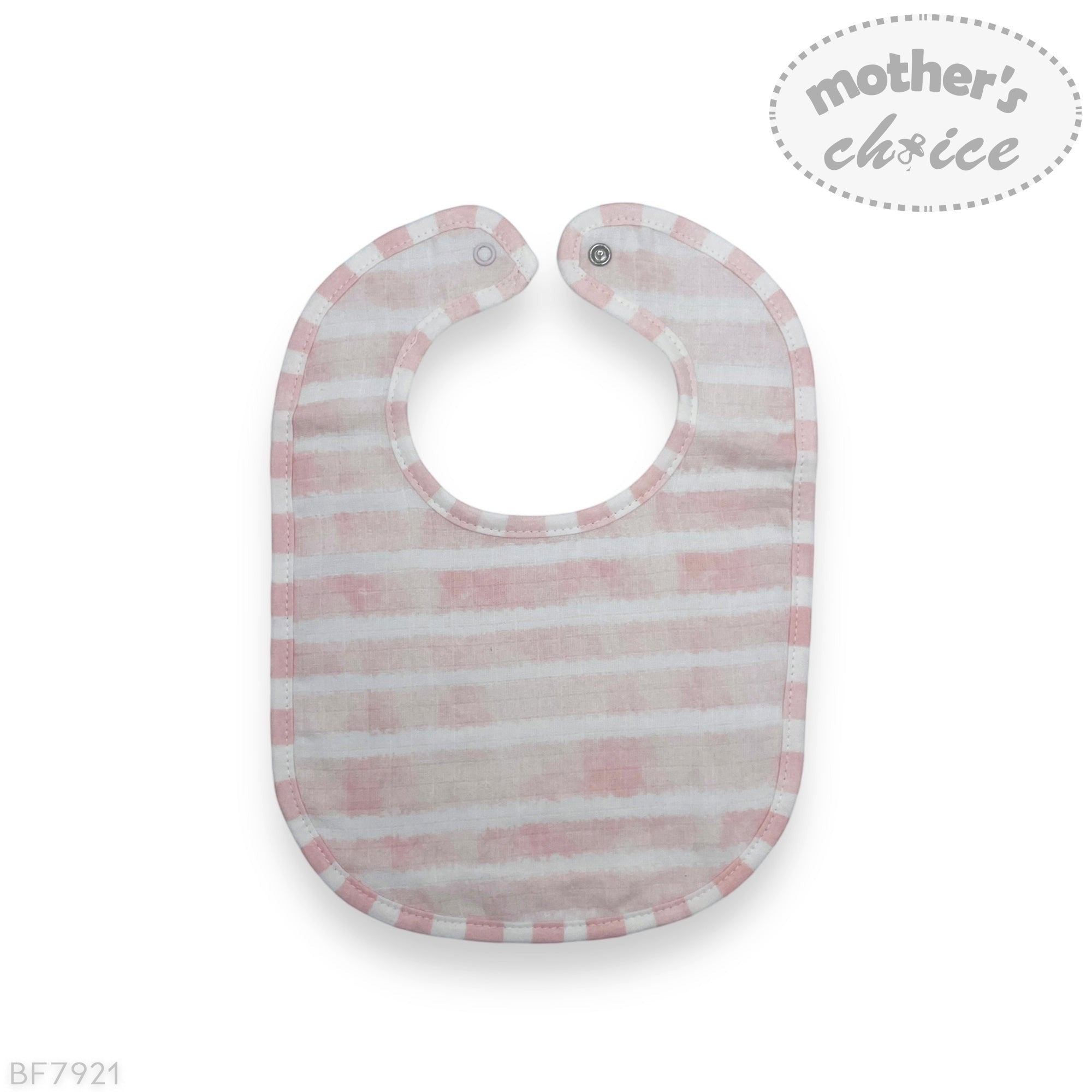 Baby bib with pink and white striped pattern on a white background, branded 'Mother's Choice'.