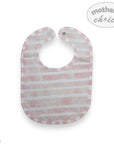 Baby bib with pink and white striped pattern on a white background, branded 'Mother's Choice'.
