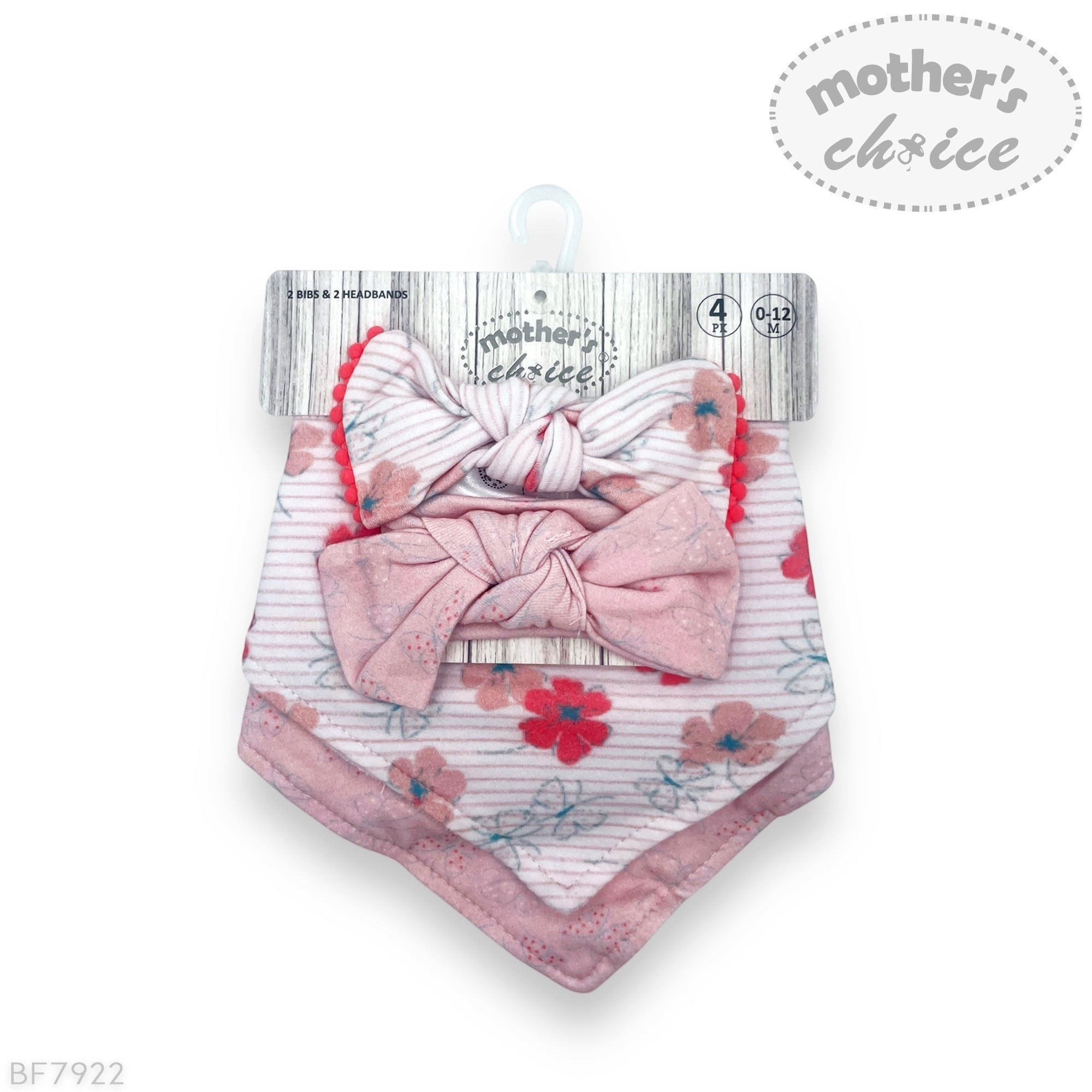 Baby headband and bib set with floral design on a white background, branded 'Mother's Choice'.