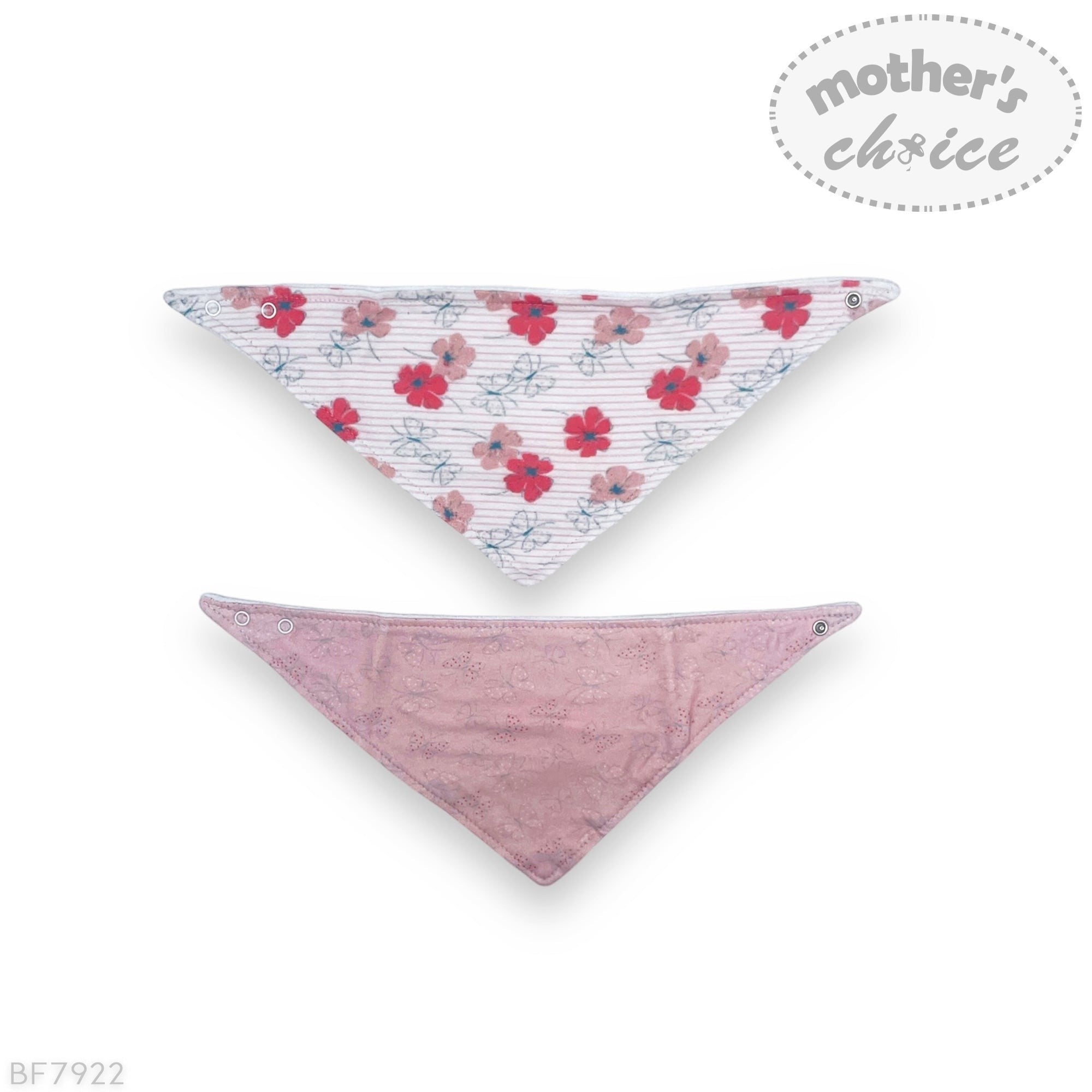 Two baby bandannas with floral and pink patterns on a white background, branded 'Mother's Choice'.