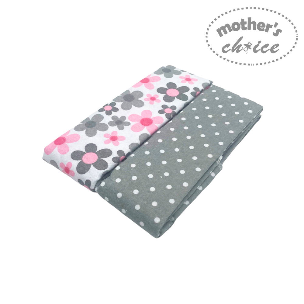 Two baby blankets with floral and polka dot patterns on a white background, branded 'Mother's Choice'.