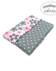 Two baby blankets with floral and polka dot patterns on a white background, branded 'Mother's Choice'.