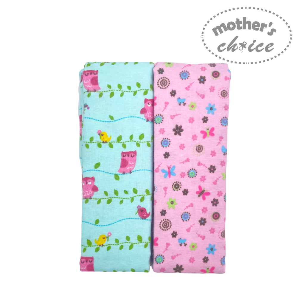 Two colorful fabric swatches with nature-themed patterns on a white background, branded 'Mother's Choice'.
