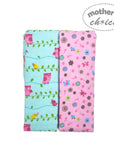 Two colorful fabric swatches with nature-themed patterns on a white background, branded 'Mother's Choice'.