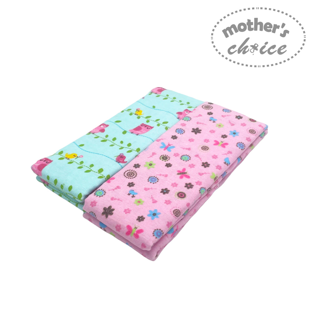 Two baby blankets with floral patterns on a white background, branded 'Mother's Choice'.