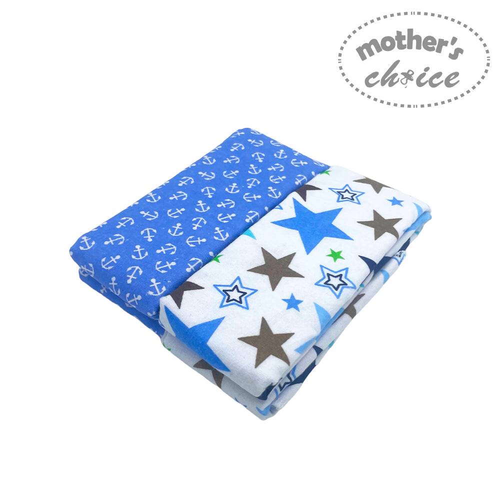 Two baby blankets with star and anchor patterns on a white background, branded 'Mother's Choice'.
