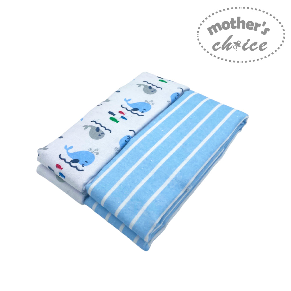 Two baby blankets, one with whale pattern and the other blue striped, on a white background with 'Mother's Choice' branding.