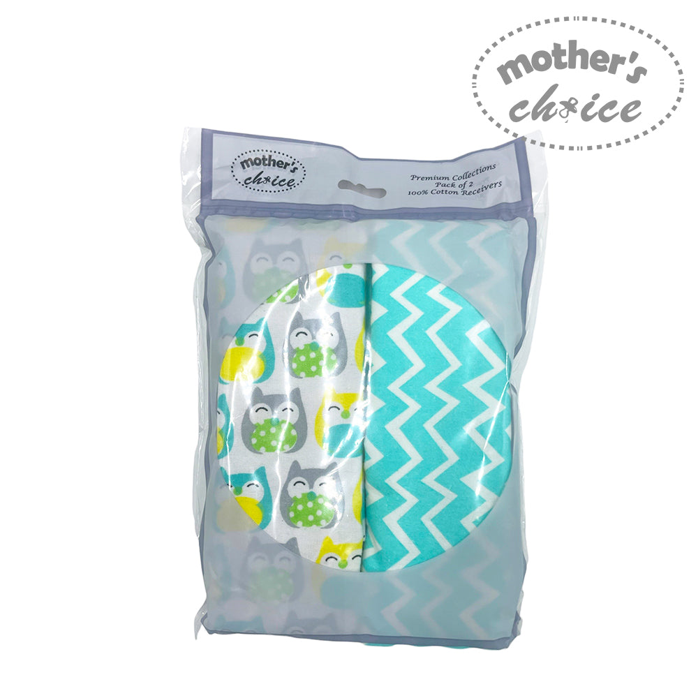 Packaged baby swaddle with owl pattern and turquoise chevron design, branded 'mother's choice'.