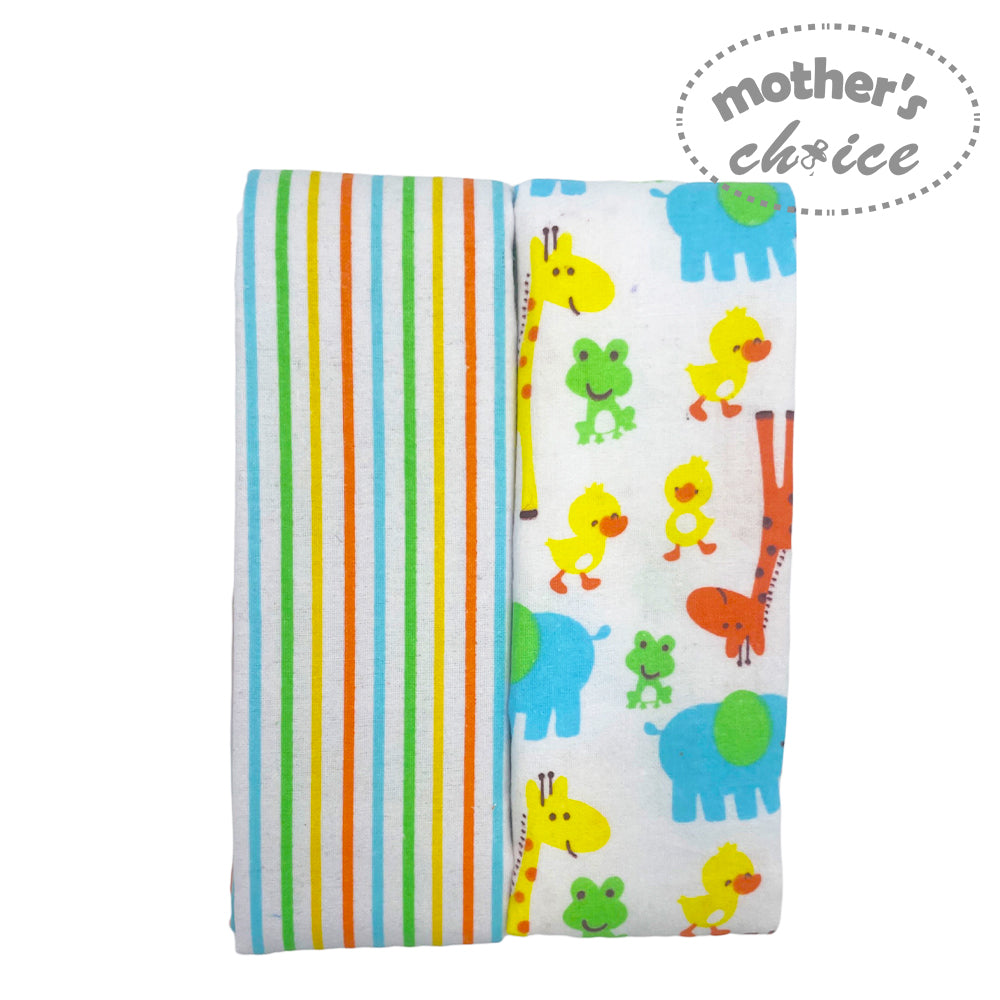 Baby blanket with colorful stripes and animal patterns on a white background, branded 'Mother's Choice'.