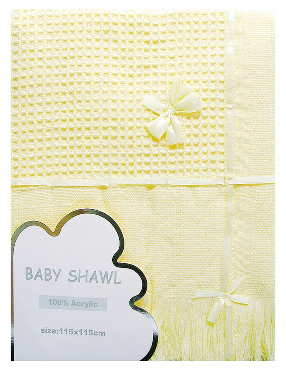 Yellow baby shawl with ribbons on a white background