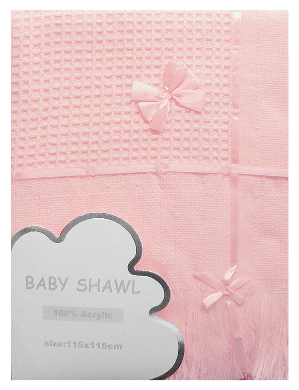 Pink baby shawl with ribbons and 'Baby Shawl' label on a white background