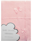 Pink baby shawl with ribbons and 'Baby Shawl' label on a white background