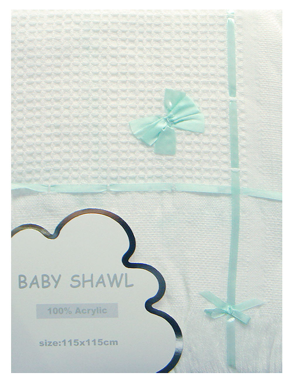 Baby shawl with ribbons and packaging details on a light gray background