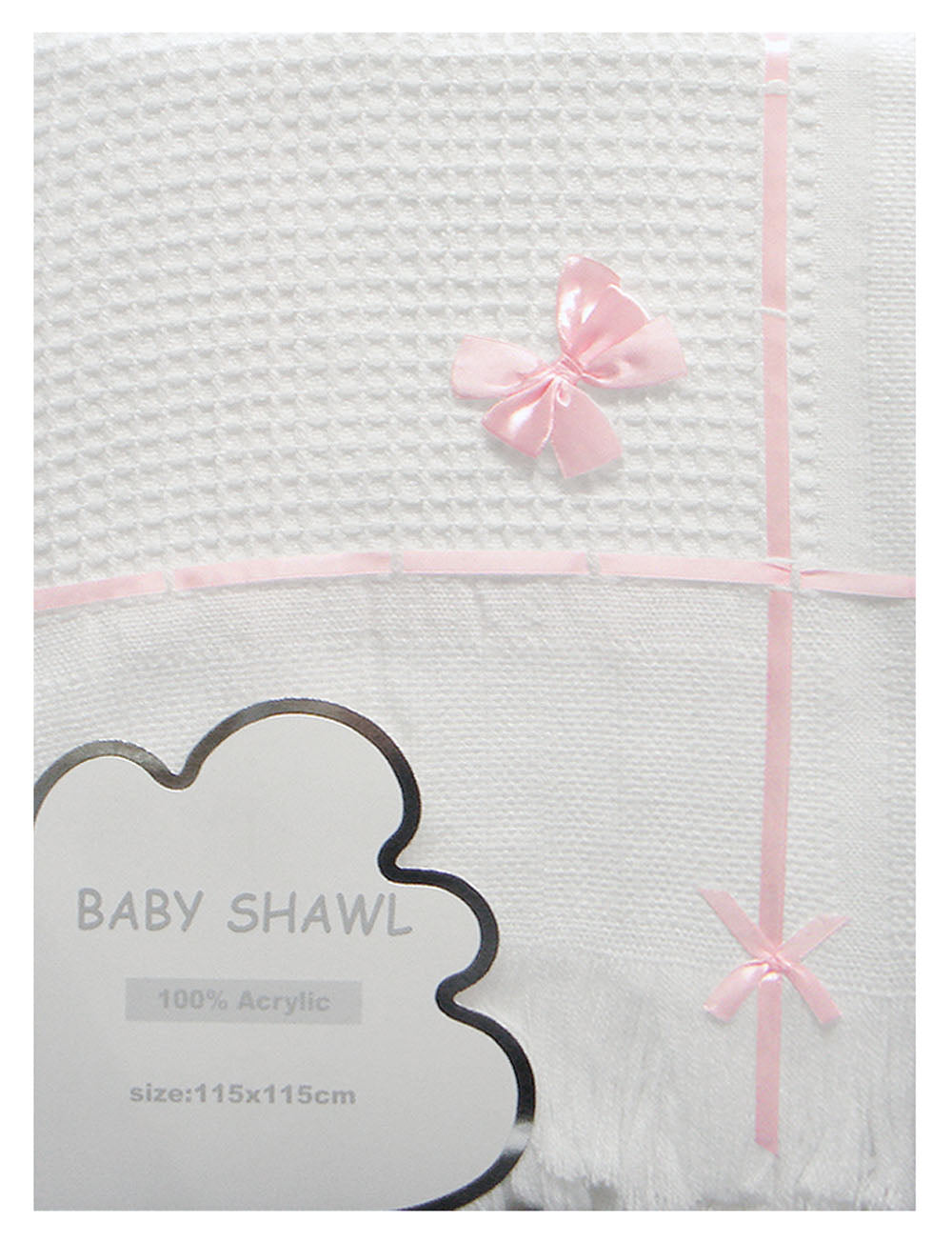 Gray baby shawl with pink decorative elements on a white background