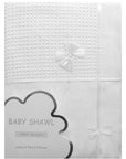 White baby shawl with bow details on a white background
