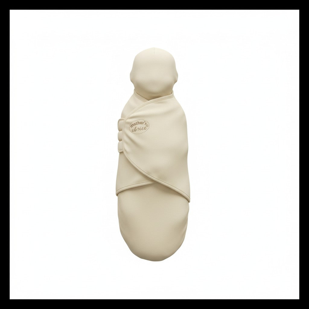 Beige baby swaddle with brand logo on a white background