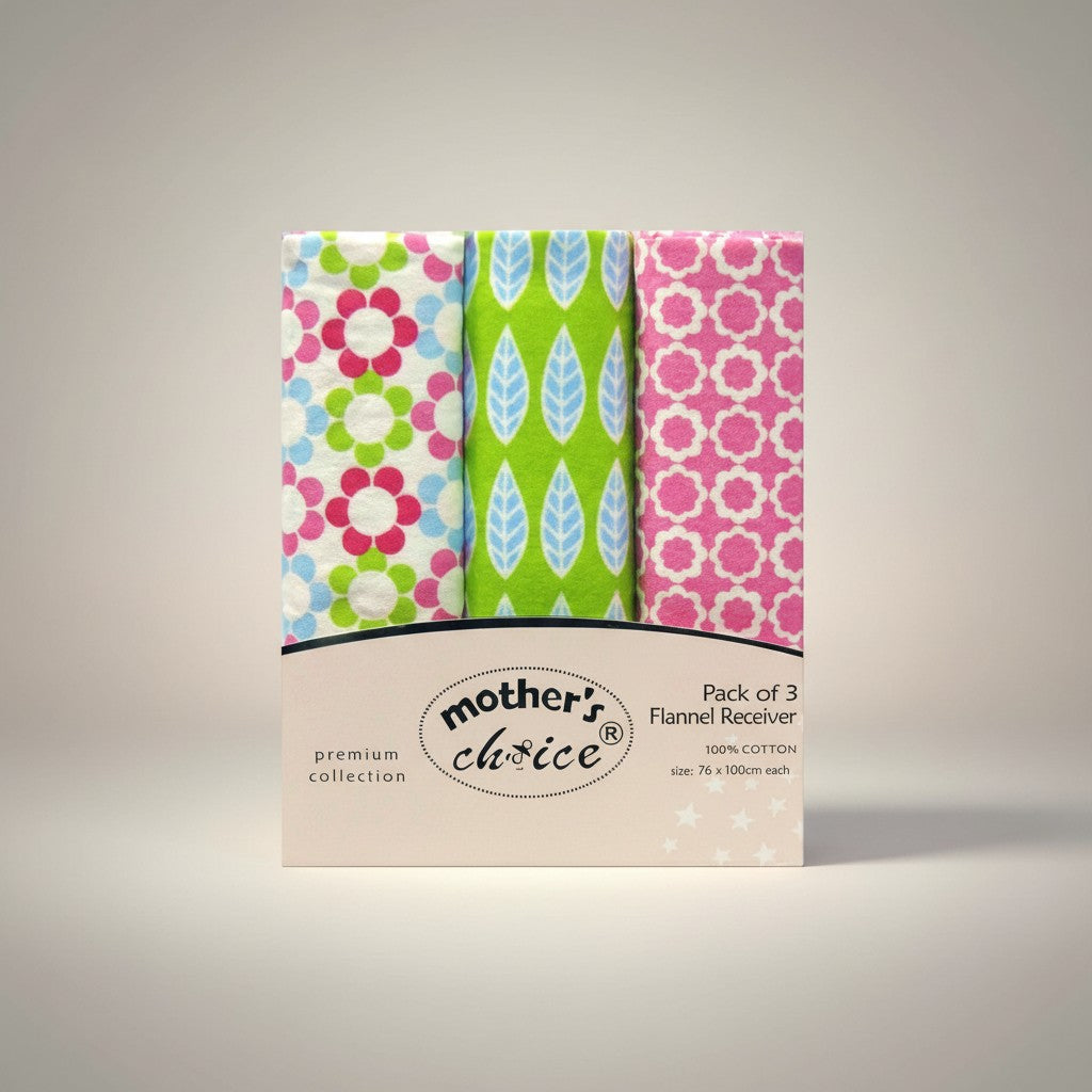 Pack of 3 flannel receivers with colorful patterns on a gray background